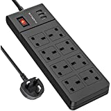 8 Way Extension Lead 2M, AUOPLUS Multi Plug Extension Lead with USB Slots, Plug Extension Sockets Power Strip, Wall Mountable Extension Cord with Black 2 Metre Long Extension Cable for Home Office